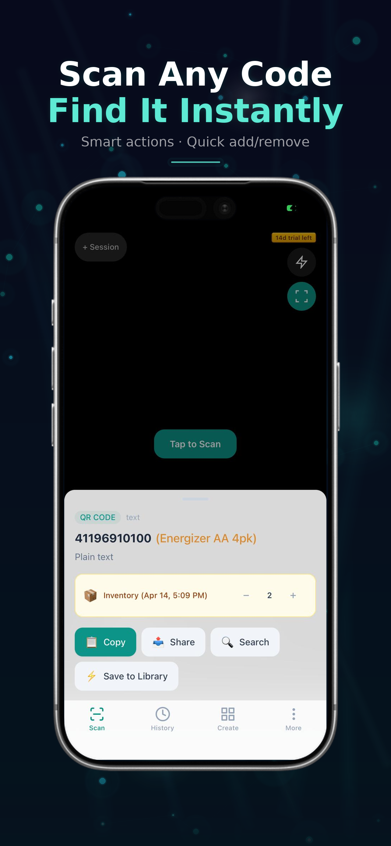 QuickScan QR & Inventory — Scan result with smart actions